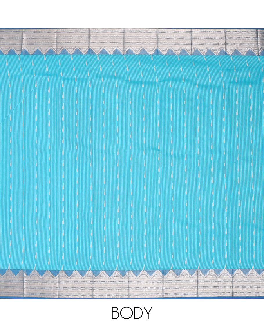 Light blue striped, motifs kora cotton saree with contrast temple border & ogee design pallu