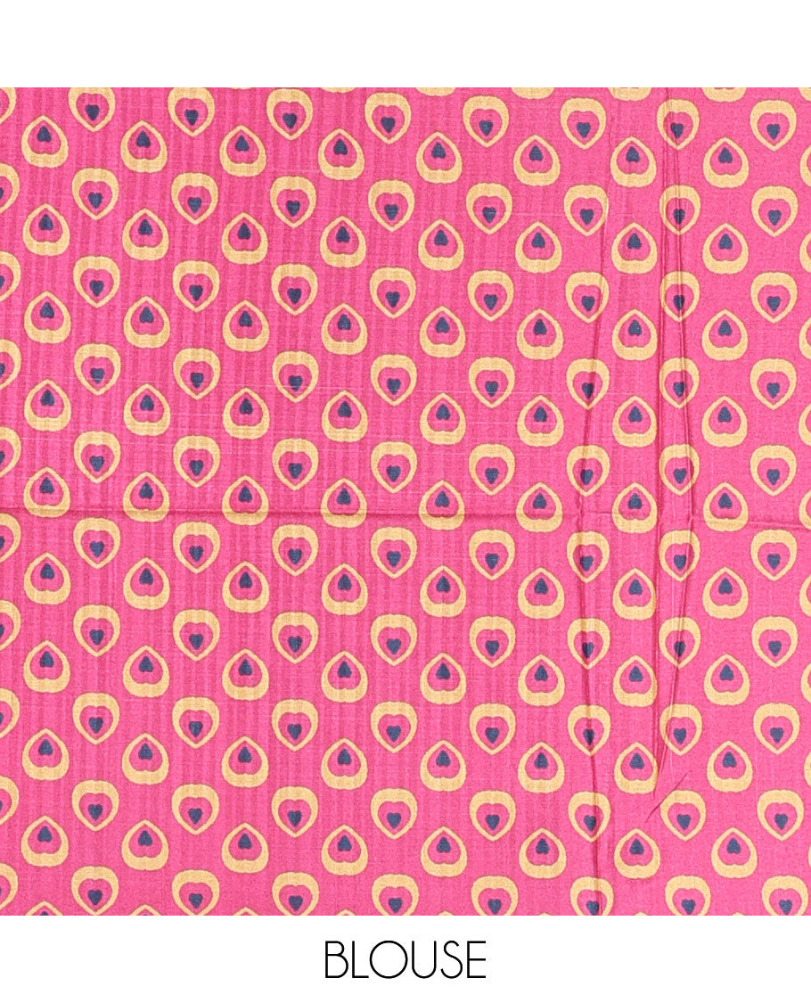 Pink peacock feathers motifs printed katan silk saree, peacock feathers printed border, contrast Radha Krishna stories printed pallu, and contrast printed blouse