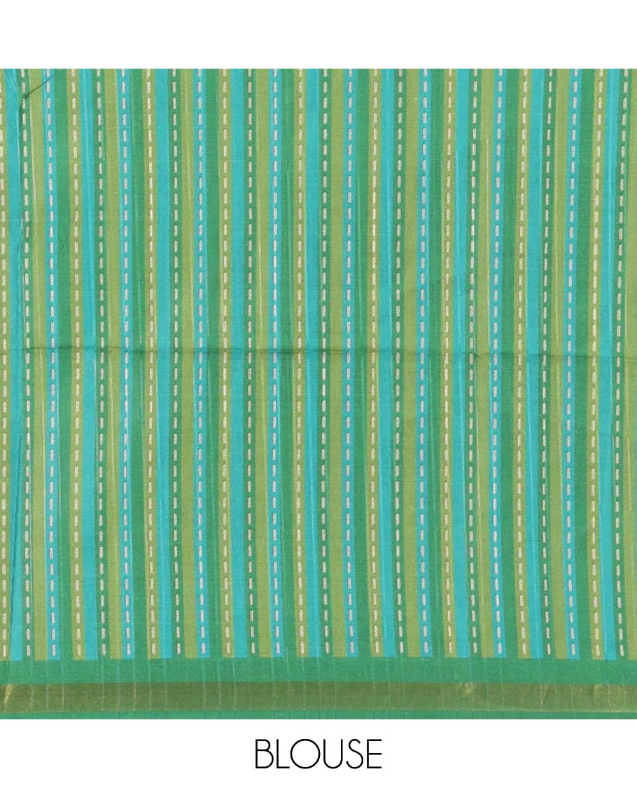 Brown striped and buttas kathan silk saree, contrast multi-color temple border, seer printed pallu, and contrast printed blouse