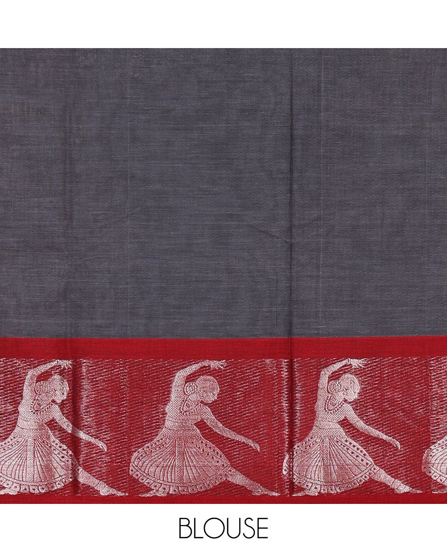 Grey full-plain Mercerised cotton saree, contrast sliver zari Dancing Bharatanatyam girl motifs woven border, striped pallu & plain blouse