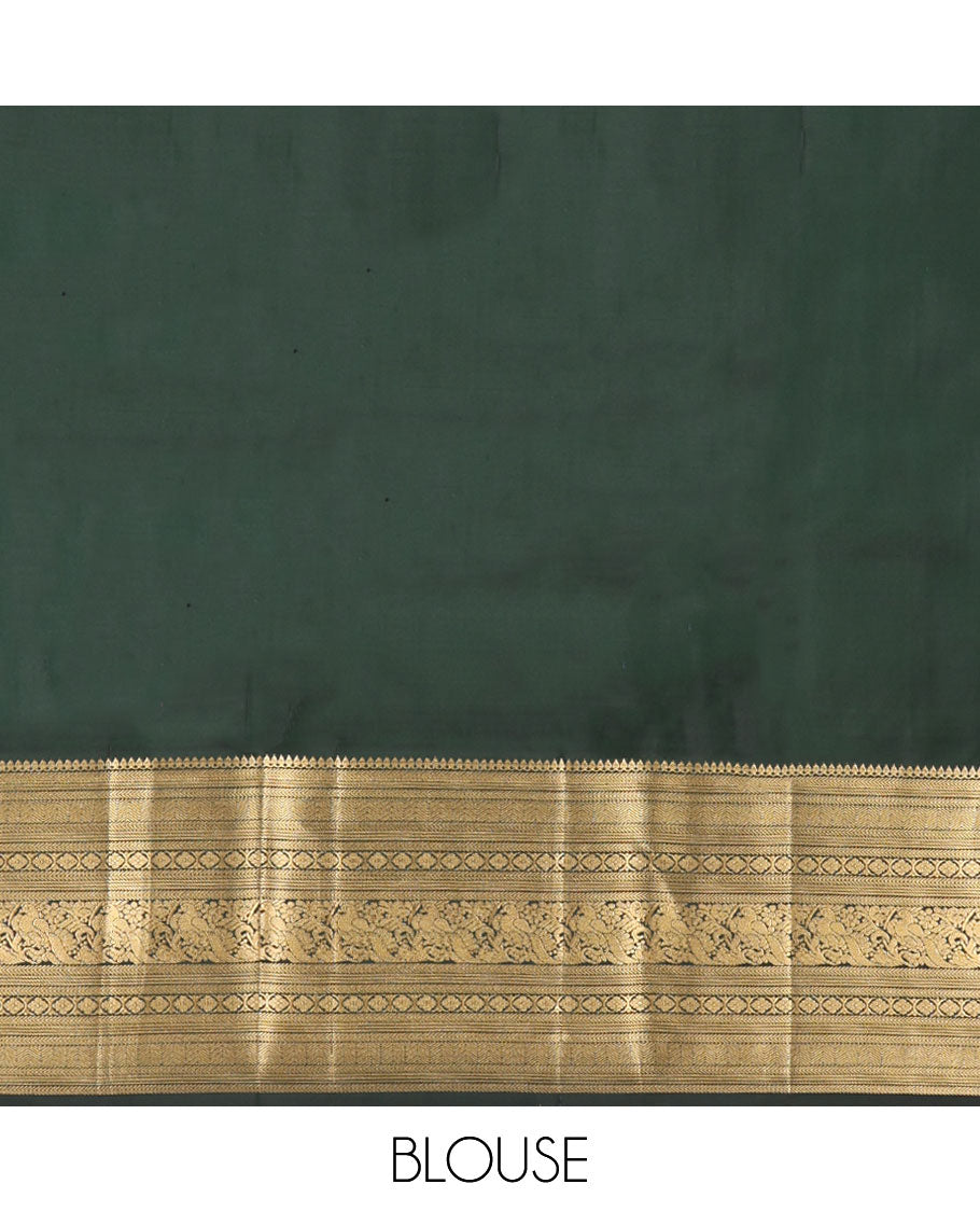 Red Kanchipuram Silk Saree, Woven with Geometric Patterns All Over Its Body, Complemented by Contrast Border of Thilakam Mokku, Kathir, Vanki, Banaras, Laddu Kamalam, and Mayil Designs, a Meticulously Crafted Pallu, and Paired with a Contrast Blouse