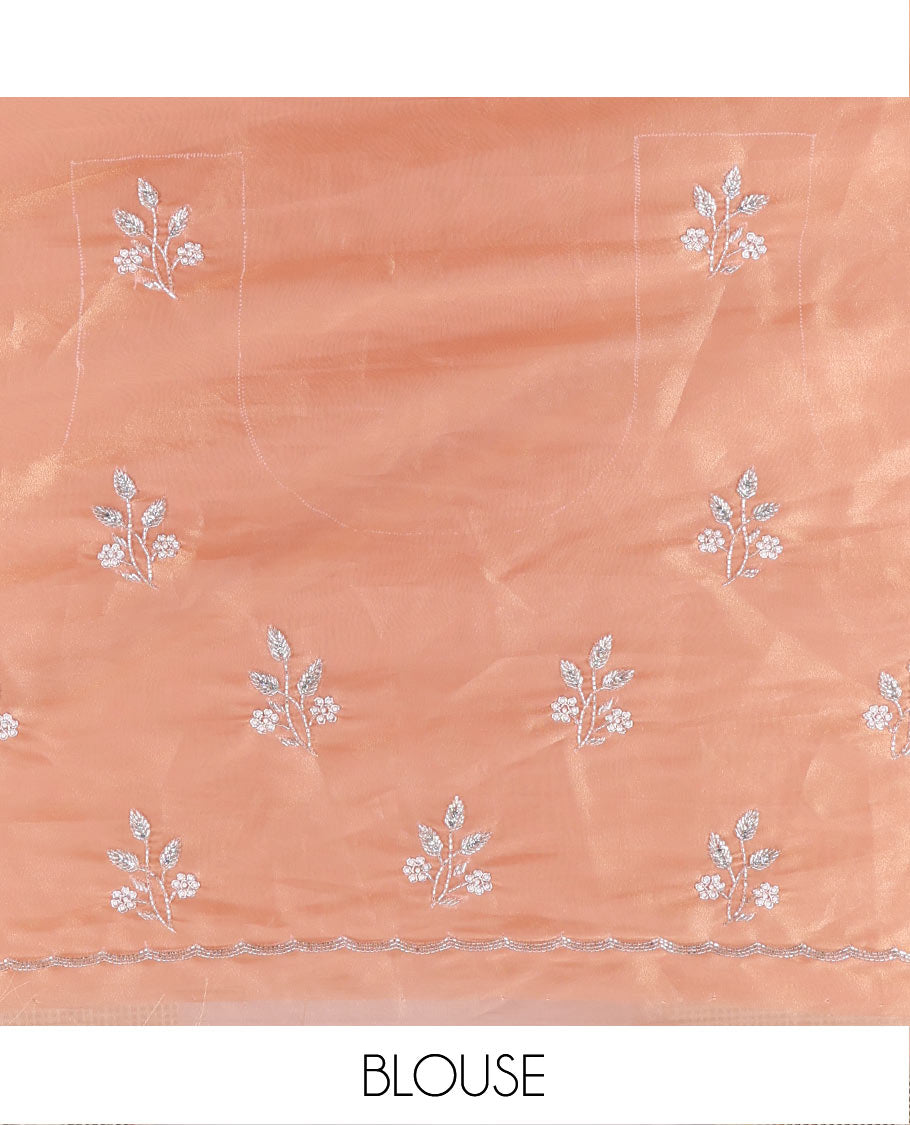 Peach Designer Saree, Beautifully Bedecked with Stone-Embroidered Buttas on Its Body, Highlighted by a Scallop Floral-Themed Embroidered Border, Self-Pallu, and Paired with a Matching Blouse