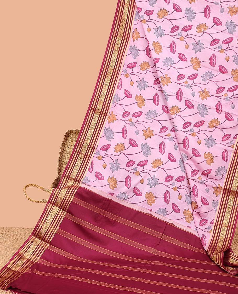 Pink pichwai-style floral vine printed semi-banaras printed saree, contrast traditional design border & striped pallu