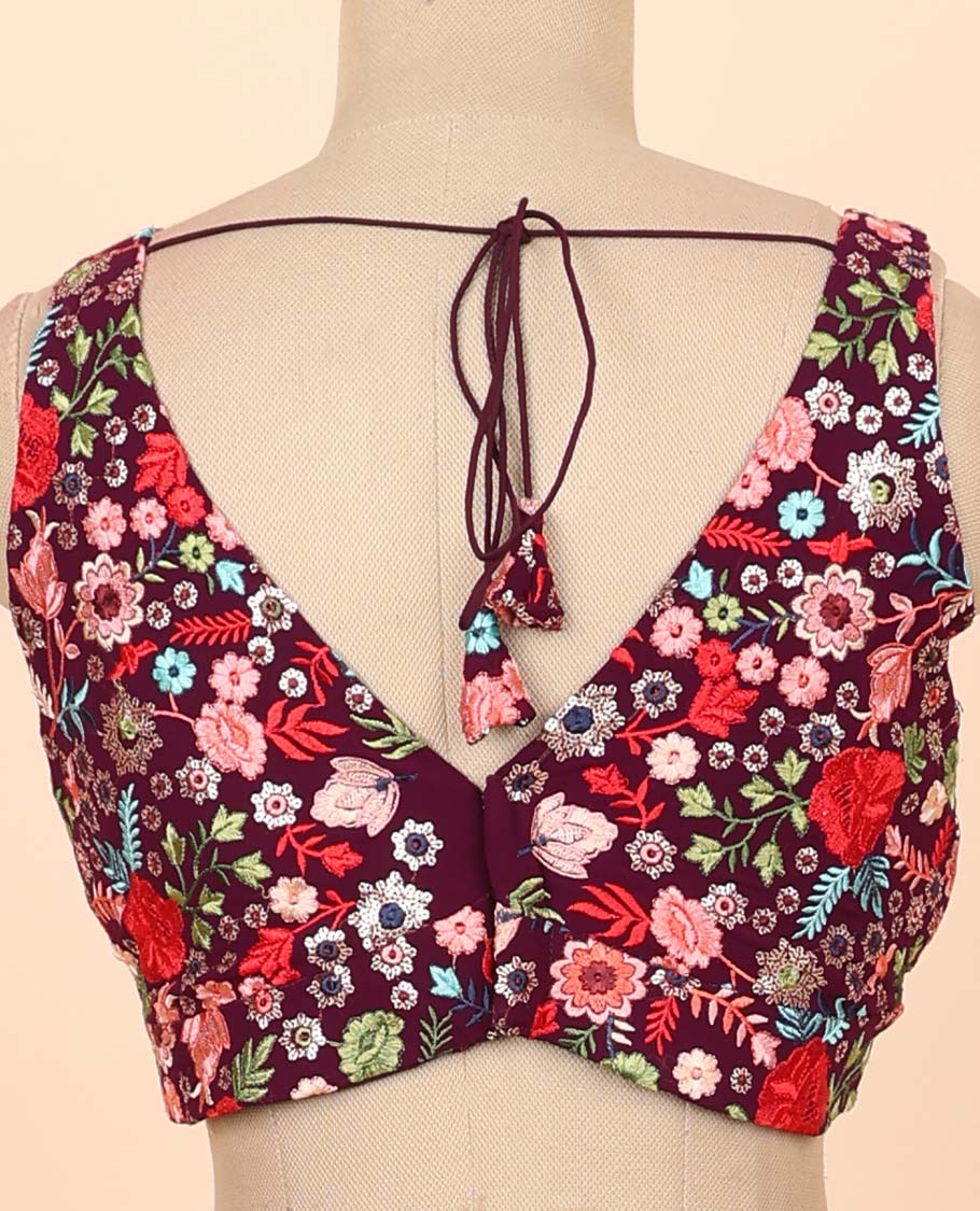 Maroon floral embroidered front & back deep v-neck raw-silk readymade sleeveless blouse