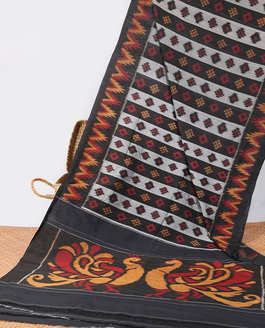 Black striped with motifs ikkat cotton saree with self plain border & peacock design pallu