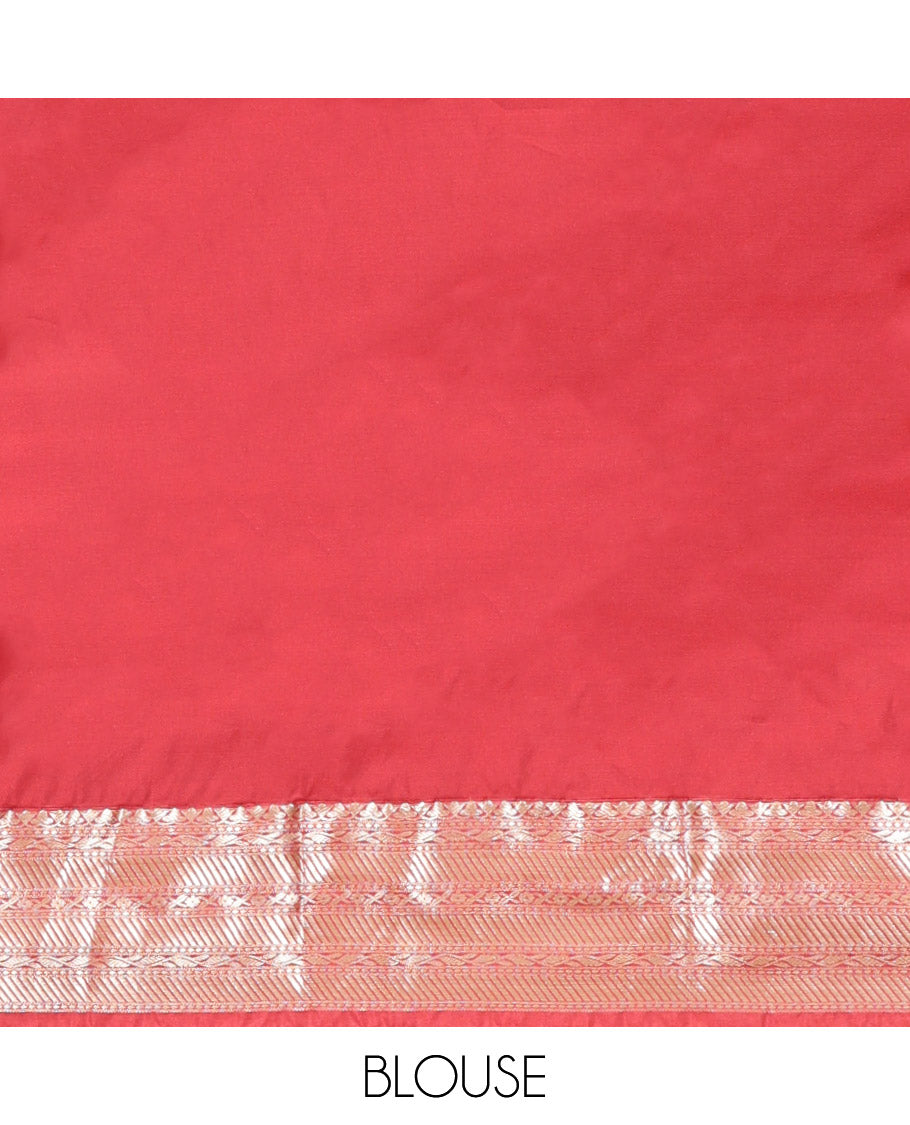 Orange Budget Silk Saree, Accentuated with Zari Buttas, Complemented by Contrast Traditional Zari Border, Pallu of Jaal and Paisleys, and Contrast Blouse
