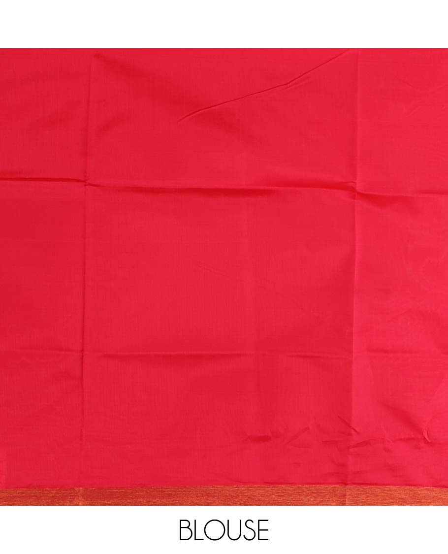 Mustard six-petal-like leaf motifs printed micro-silk saree, copper zari border, contrast intricate pallu & plain red blouse