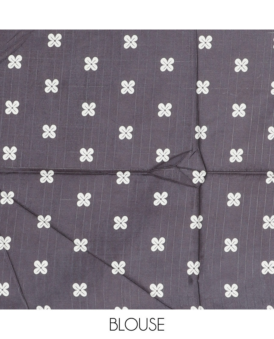 Black jasmine bud motifs printed kathan silk saree, double-headed eagle motif zari piping border, pichwai cow printed pallu, and floral printed blouse