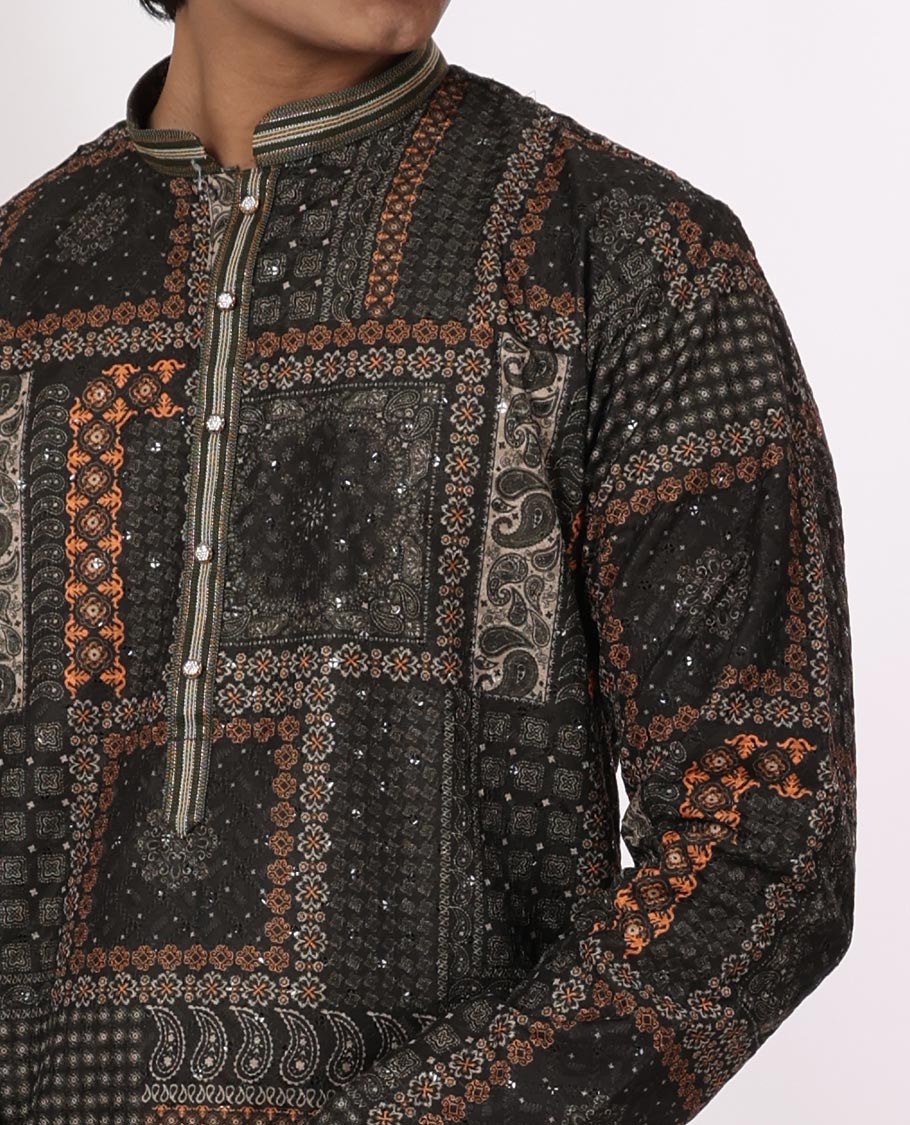 Multi-color ajrakh style floral design with sequins work mandarin collar & full-sleeve long raw silk kurta