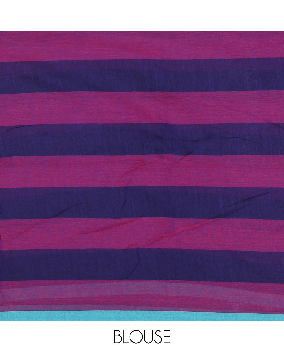 Navy blue horizontal striped khadi cotton saree, contrast piping border & matching horizontal striped blouse