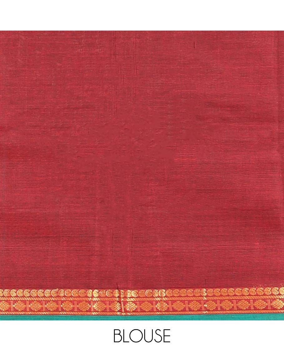 Maroon plain Narayanapet cotton saree, contrast traditional design border & striped pallu