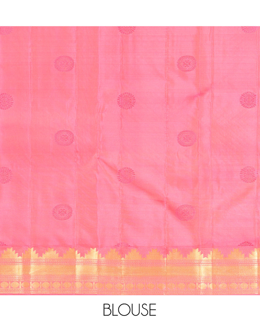 Sandal Vasundhara Lite Silk Mix Saree, Sparsely Sparkled with Chakram Buttas, a Contrast Border of Thazampoo Rekku, Neli, Mayil Kann, and Rudhraksham, Grand Pallu, and a Contrast Blouse