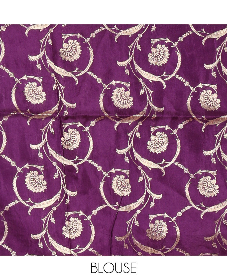 Blue plain Banarasi tissue silk saree, contrast traditional zari peacock border, zari striped pallu & floral jaal jacquard purple blouse