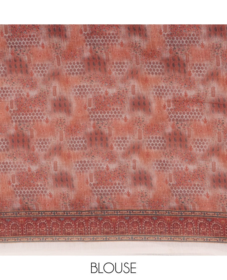 White half-plain & half-printed linen cotton saree, brown-color printed border, paisley motifs printed pallu & uniquely printed blouse