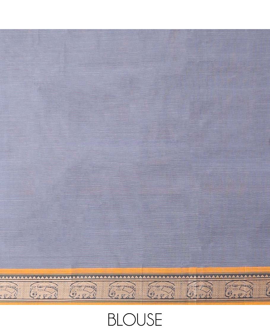 Lavender plain Narayanapet cotton saree, contrast traditional design border & multi-color striped pallu