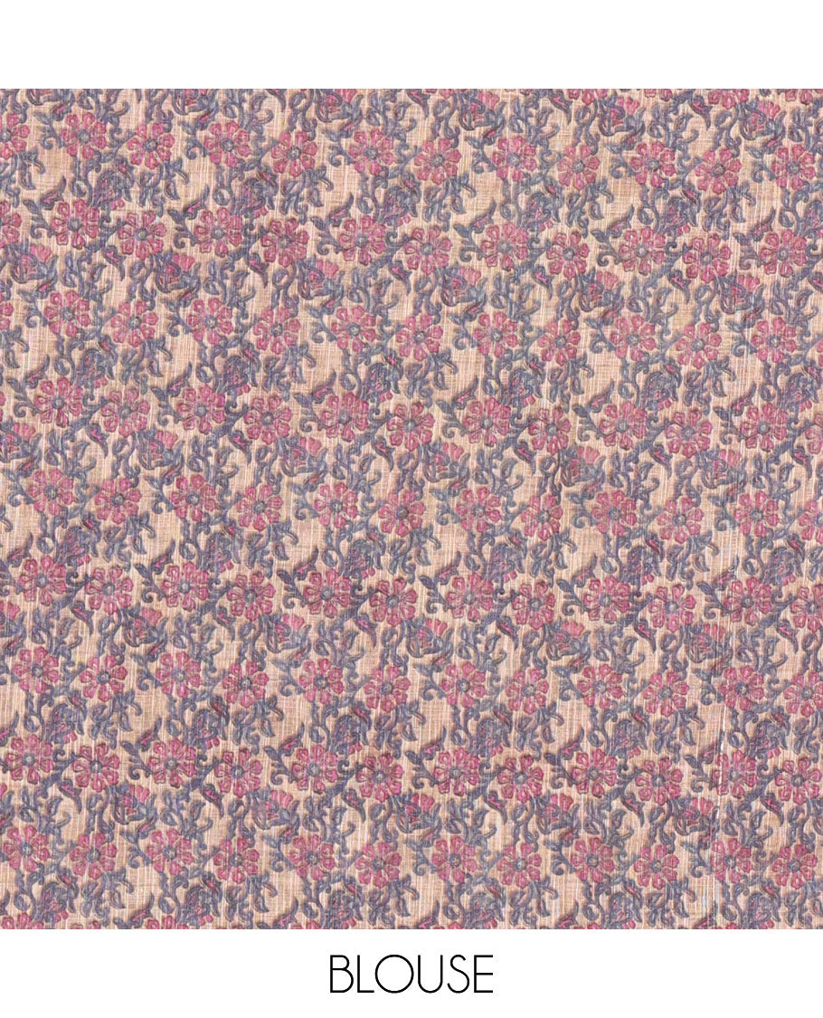 Borderless rani pink batik printed linen cotton saree, hand brush painting style floral vine printed pallu, and contrast floral printed blouse