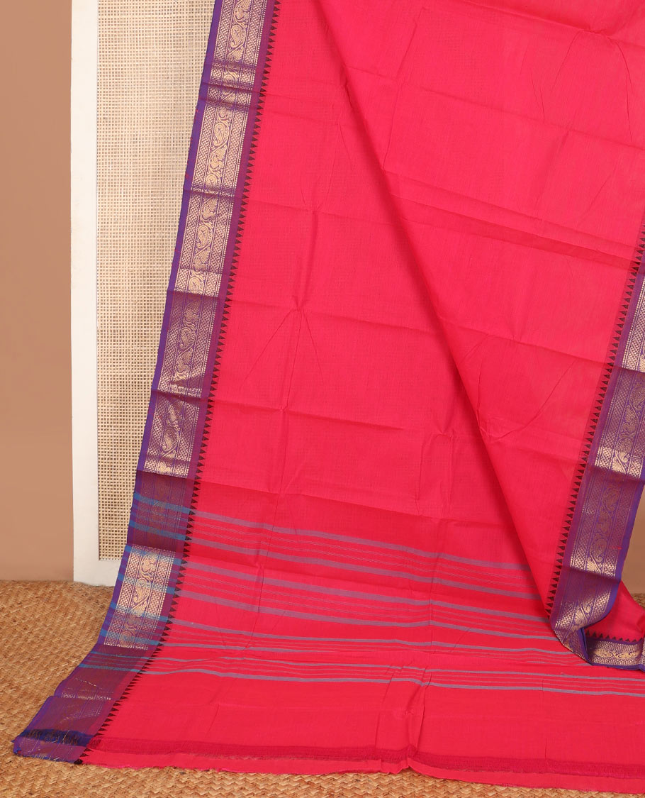 Pink plain Chettinad cotton saree, contrast traditional design temple border & pallu of stripes