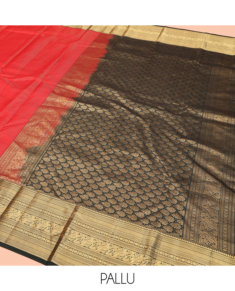 Red Kanchipuram Silk Saree, Woven with Geometric Patterns All Over Its Body, Complemented by Contrast Border of Thilakam Mokku, Kathir, Vanki, Banaras, Laddu Kamalam, and Mayil Designs, a Meticulously Crafted Pallu, and Paired with a Contrast Blouse