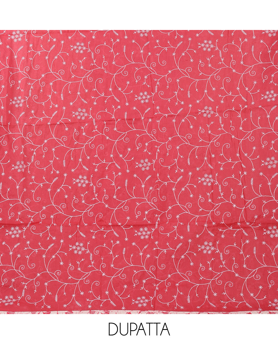 Pink cotton chudidar material set,floral print with daman floral neck embroidery top,plain bottom & floral jaal embroidery dupatta