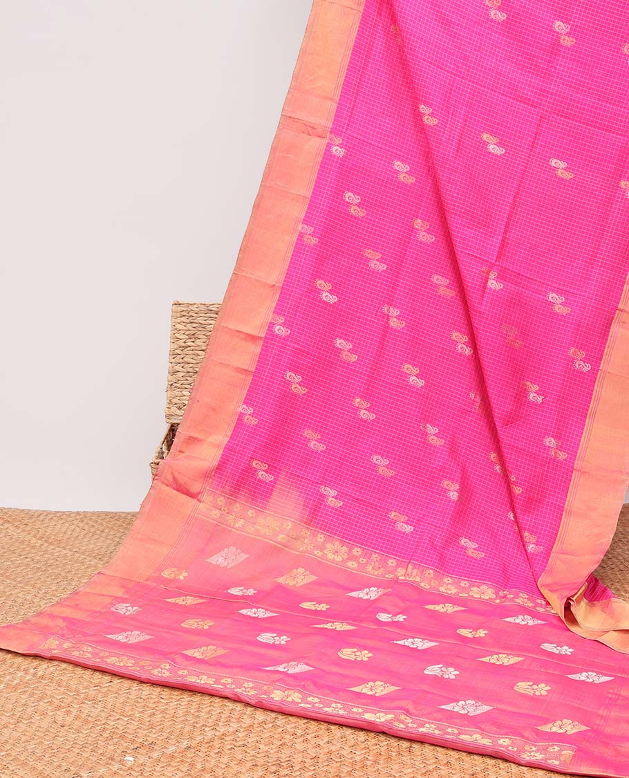 Pink checked , paisley design uppada silk saree with contrast zari border & floral buttas pallu