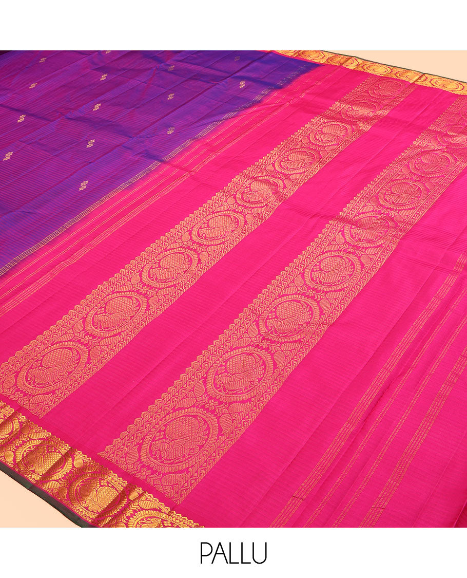 Pink-Violet Kanchipuram Silk Saree, Woven with Vazaipoo Stripes and Zari Buttas, a Contrast Round Mayil Border, Round Mayil Pallu, and a Contrast Blouse