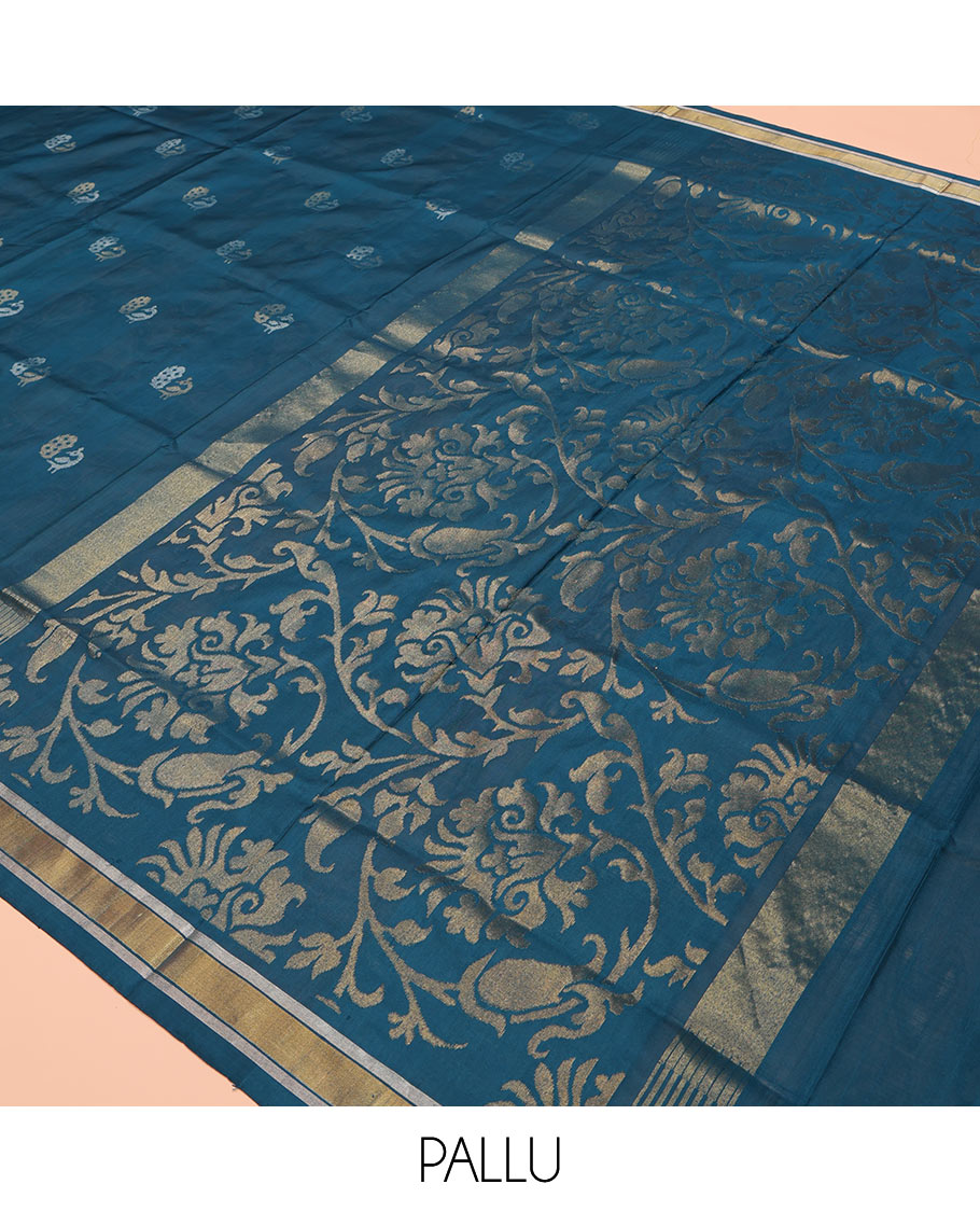 Blue Uppada Silk Saree, Enriched with Peacock Buttas All Over Its Body, Highlighted by a Zari Border, Pallu of Floral Vine Designs, and Paired with a Matching Blouse