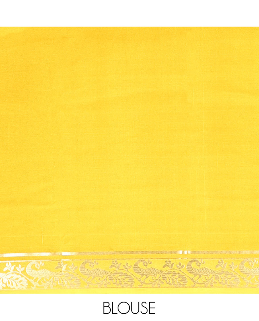 Yellow Plain Mysore Silk Saree, Highlighted by Zari Traditional Border of Peacock Designs, Pallu Steeped with Zari Stripes, and Paired with a Matching Blouse