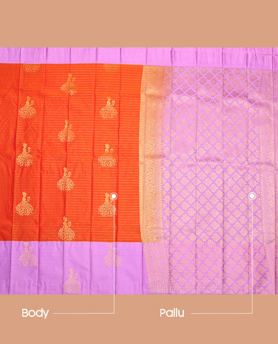Orange Budget Silk Saree, Subtly Sparkled with Zari Buttas and Stripes, Complemented by a Contrast Girl Figurine Zari Border, Grand Pallu, and a Contrast Blouse