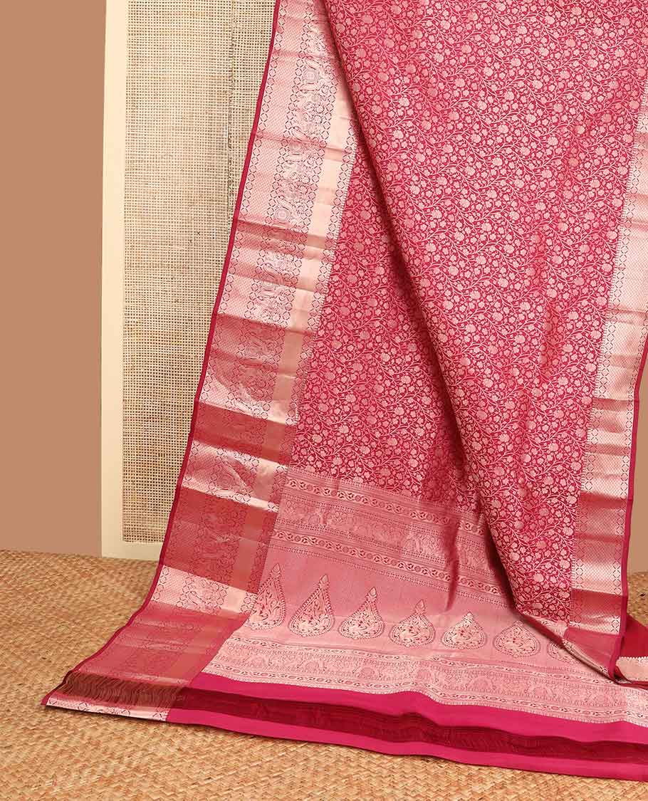 Red jaal design kancheepuram silk saree with self floral design border & intricate zari design pallu