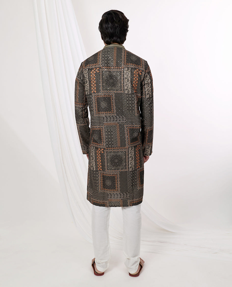 Multi-color ajrakh style floral design with sequins work mandarin collar & full-sleeve long raw silk kurta