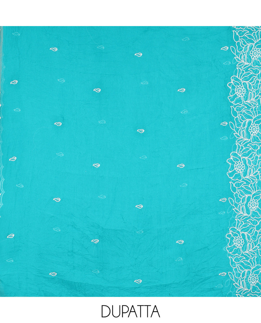 Cream-Firozi Blue Organza Material Chudidar, Floral Thread Embroidery Top, Contrast Bottom, and Embroidered Scallop Dupatta