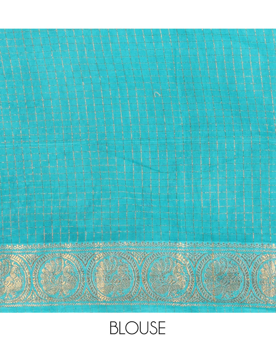 Blue and Green Plain Sungudi Cotton Half-saree, Complemented by Captivating Contrast Traditional Zari Border of Temple, Peacock, and Elephant Designs, Paired with a Contrast Zari Checked Blouse, and Comes with a Zari-Bordered Vichitra Silk Dhavani