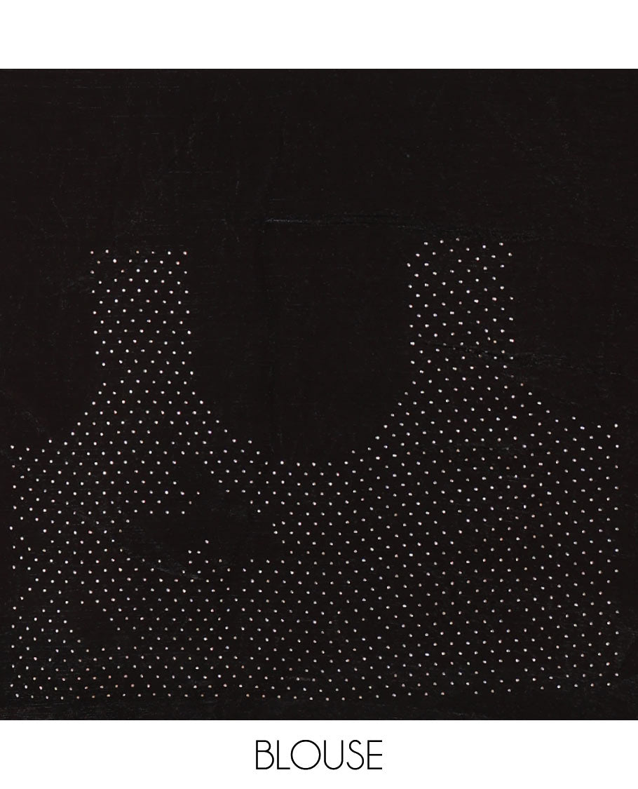 Black full-plain Fendi chiffon saree, scallop butterfly-style Swarovski stone work border & stone work matching blouse