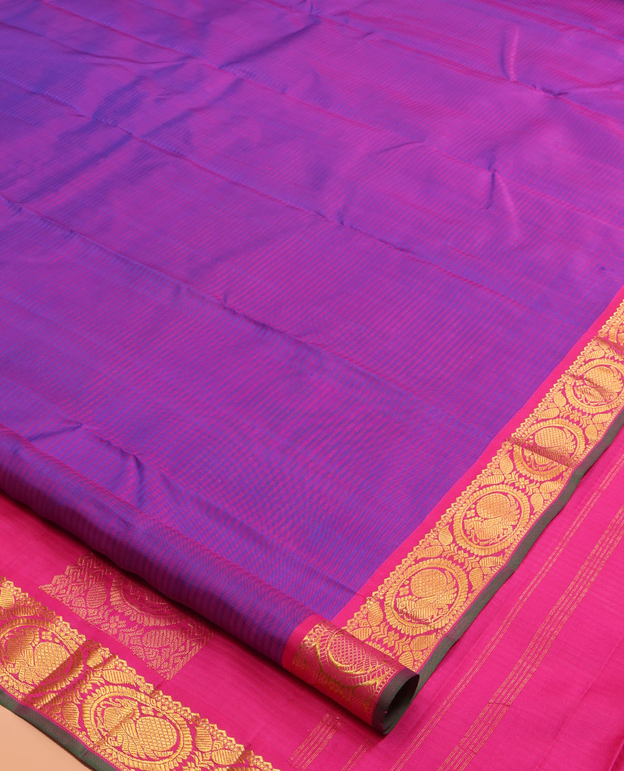 Pink-Violet Kanchipuram Silk Saree, Woven with Vazaipoo Stripes and Zari Buttas, a Contrast Round Mayil Border, Round Mayil Pallu, and a Contrast Blouse
