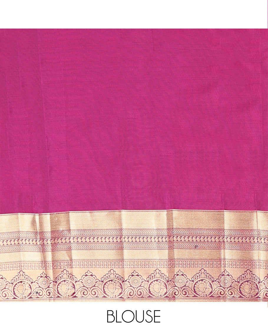 Navy blue zari buttas Vasundhara silk mix saree, contrast border of muthu, kuyil kann, kathir, manga, and mayil chakram designs, and floral design pallu