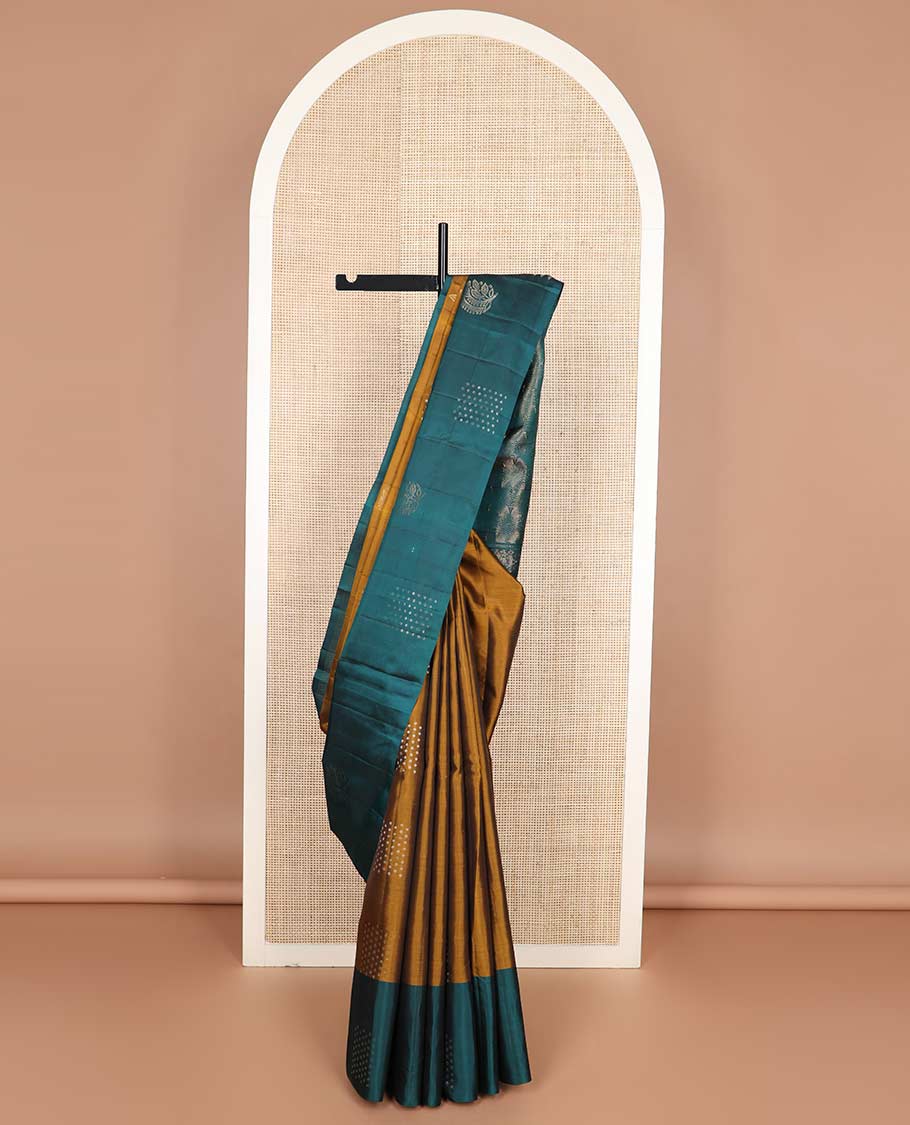 Mustard zari buttas silk mix saree, contrast zari buttas border & zari-rich geometric patterned pallu