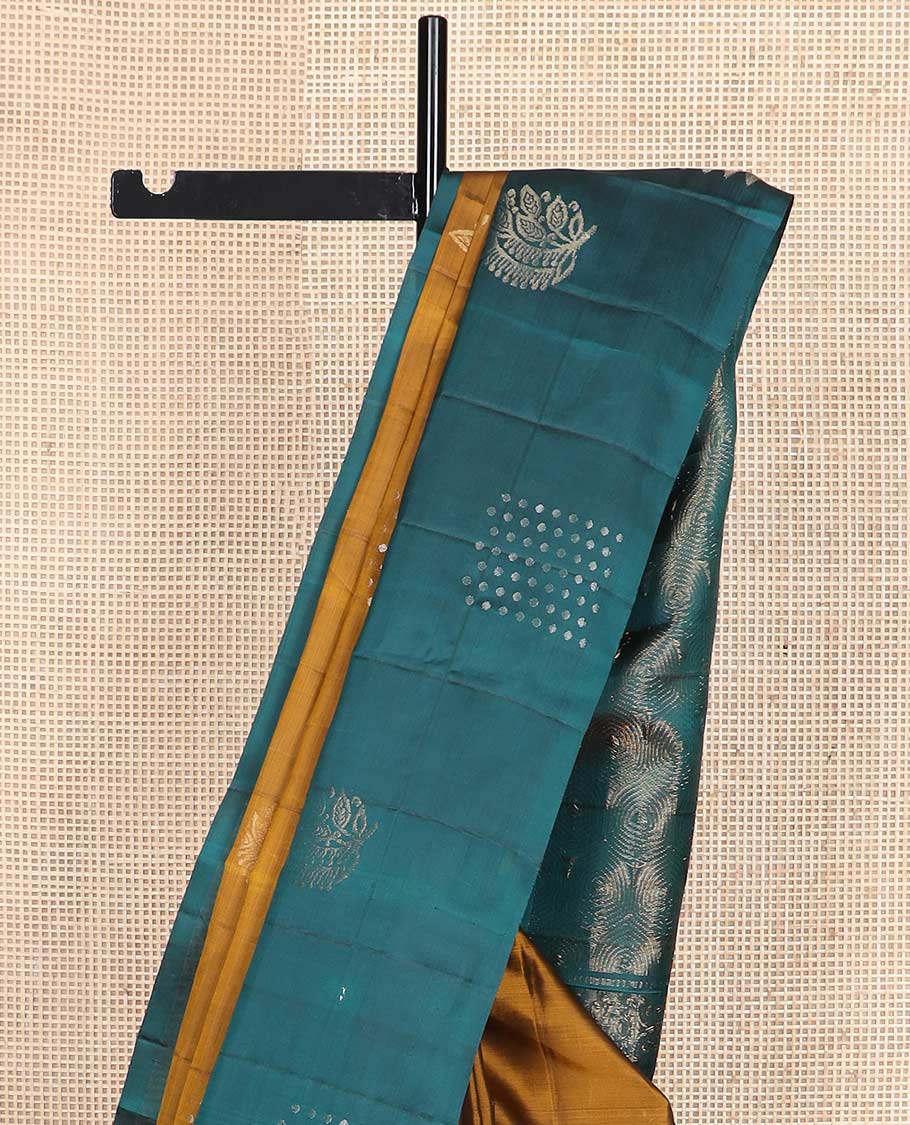 Mustard zari buttas silk mix saree, contrast zari buttas border & zari-rich geometric patterned pallu