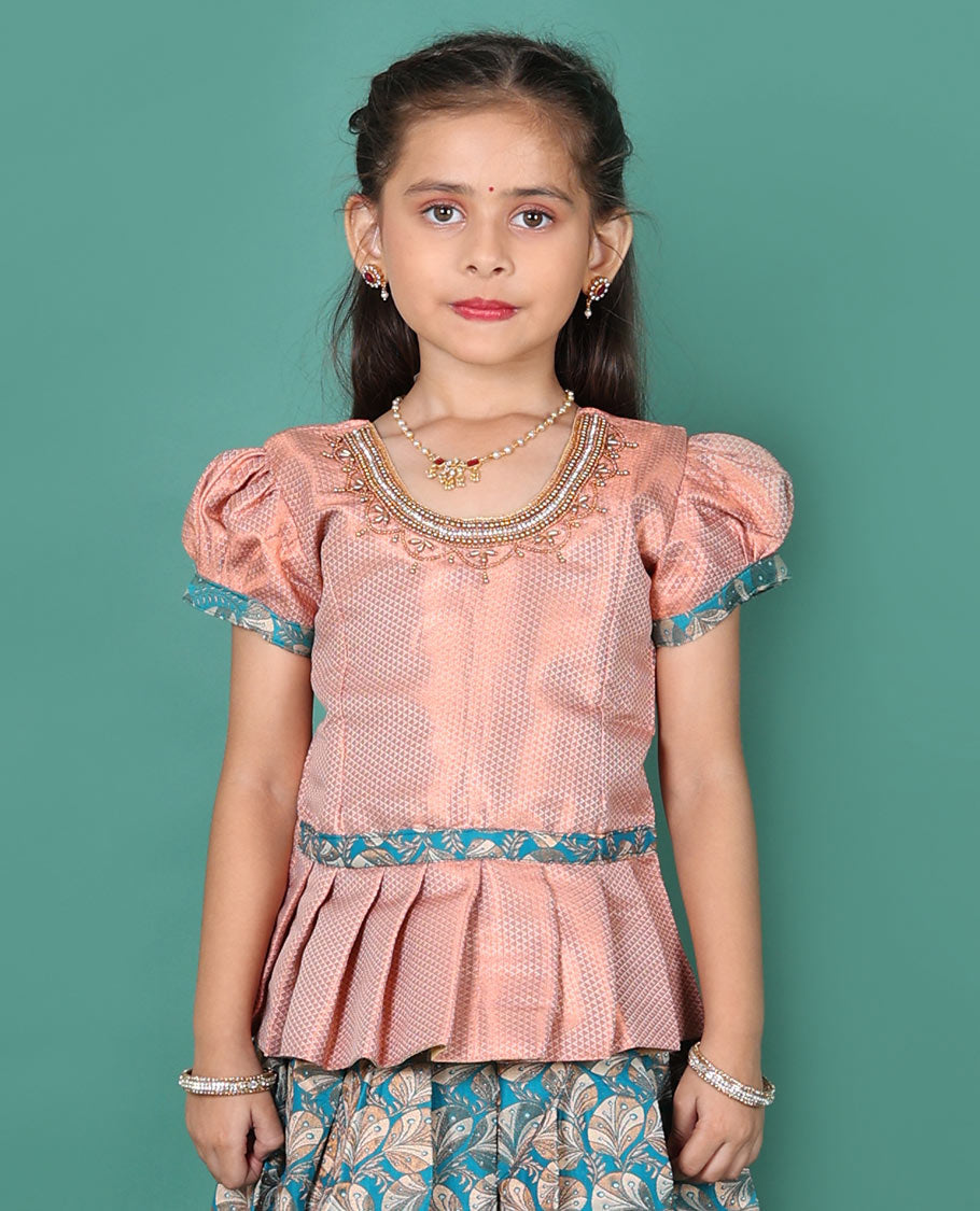 Grey art silk readymade pavadai set, floral jacquard with contrast traditional zari border skirt, contrast embroidered puff-sleeve blouse
