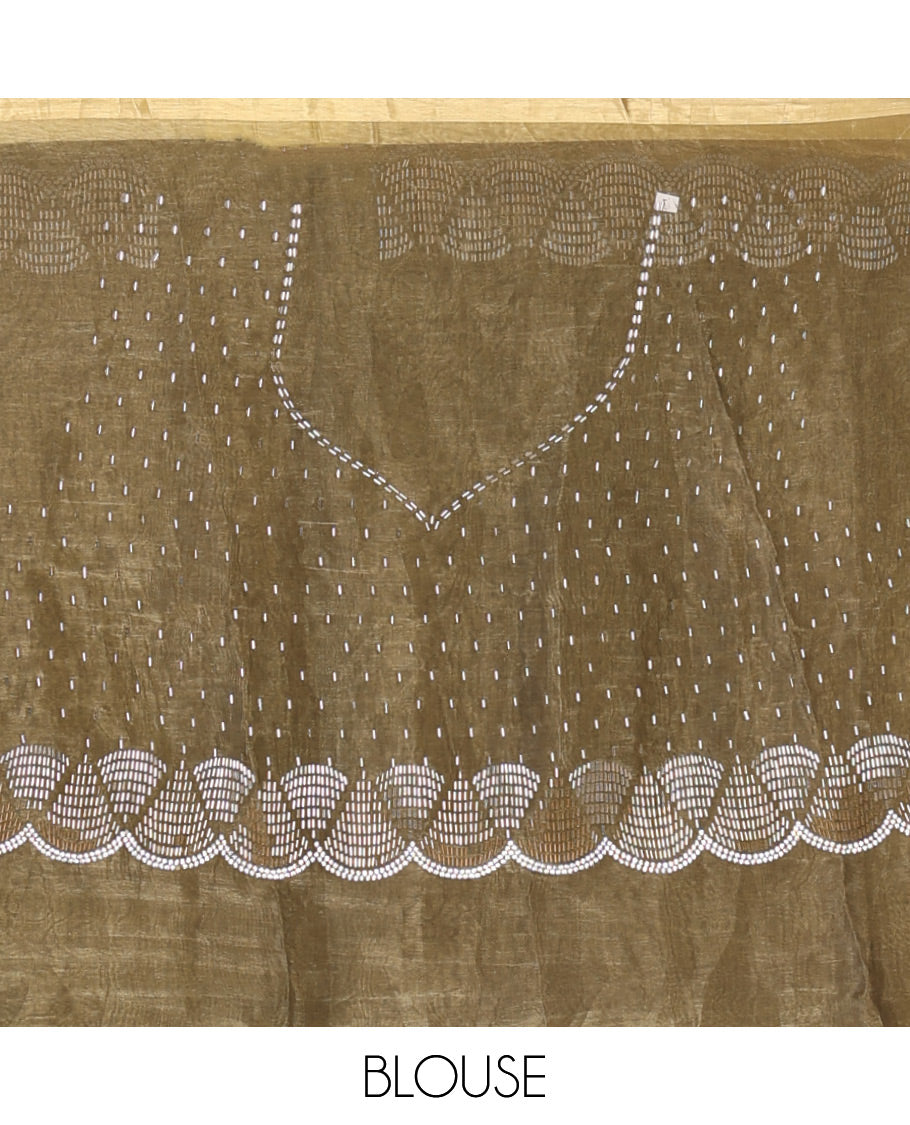 Antique Gold plain body organza saree, scallop kardana stone embroidered border & matching embroidered blouse