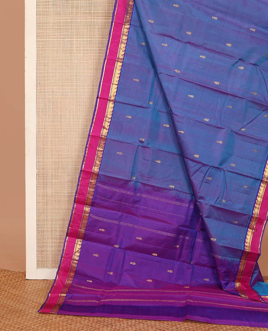Violet dual-toned striped with buttas Kanchipuram silk saree, contrast rettai pettu border of vanki manga, and kathir designs, and zari woven pallu