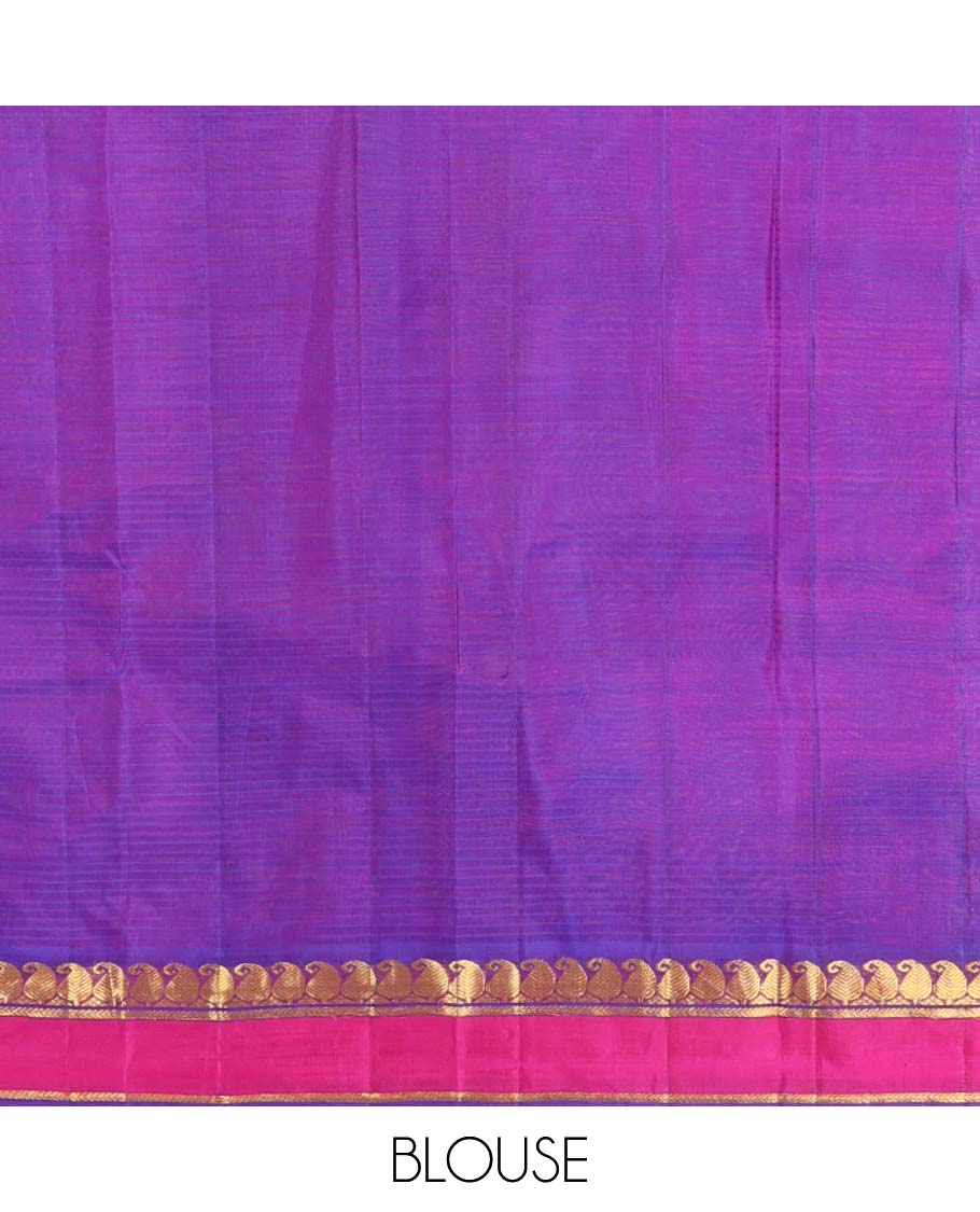 Violet dual-toned striped with buttas Kanchipuram silk saree, contrast rettai pettu border of vanki manga, and kathir designs, and zari woven pallu
