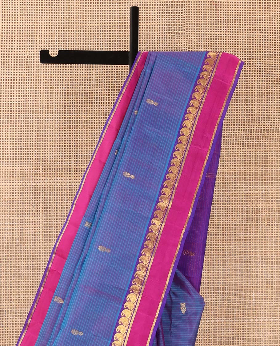 Violet dual-toned striped with buttas Kanchipuram silk saree, contrast rettai pettu border of vanki manga, and kathir designs, and zari woven pallu