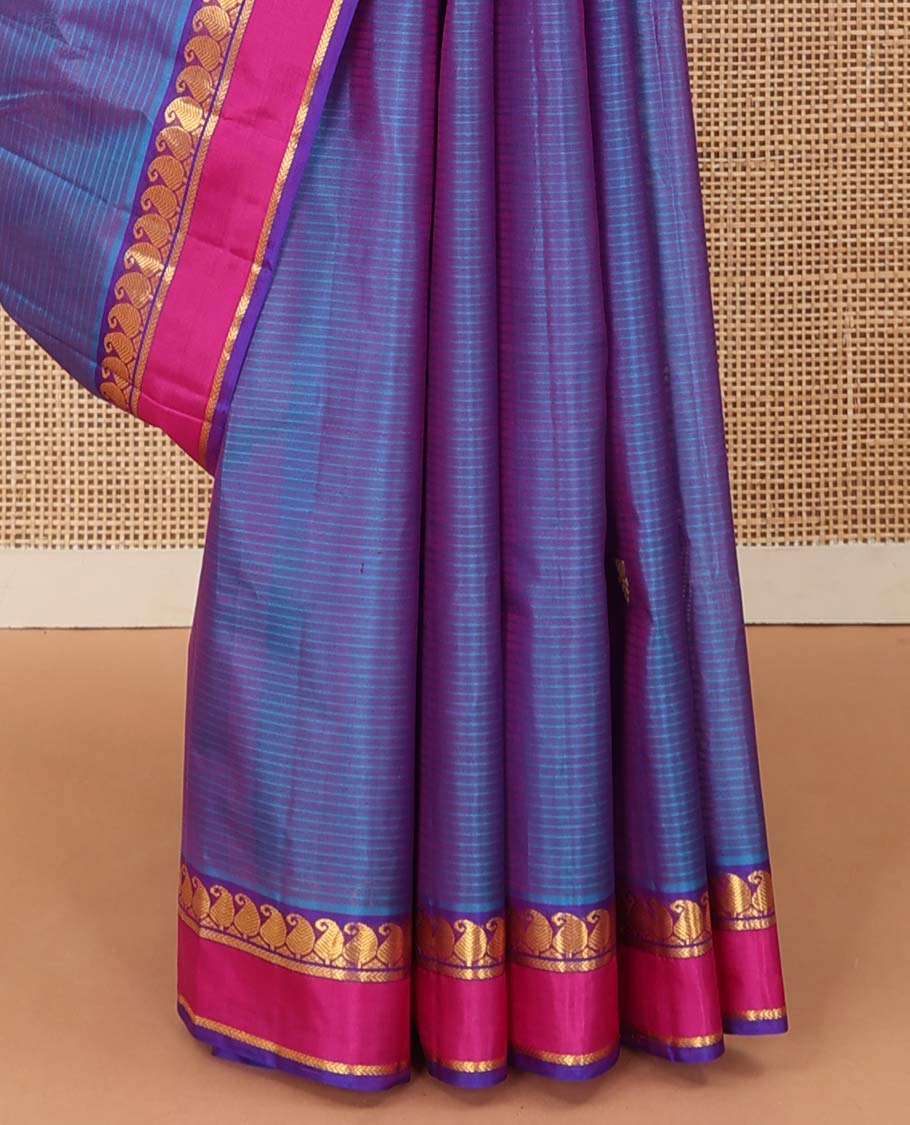 Violet dual-toned striped with buttas Kanchipuram silk saree, contrast rettai pettu border of vanki manga, and kathir designs, and zari woven pallu