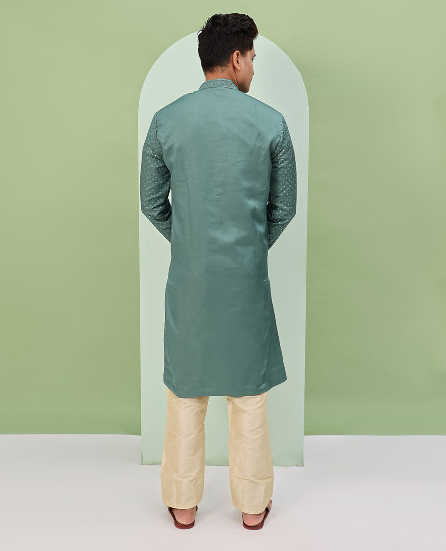 Pastel green sequins and thread embroidered full-sleeved readymade kurta