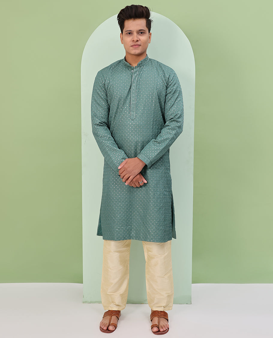 Pastel green sequins and thread embroidered full-sleeved readymade kurta