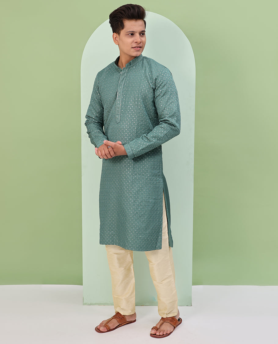 Pastel green sequins and thread embroidered full-sleeved readymade kurta