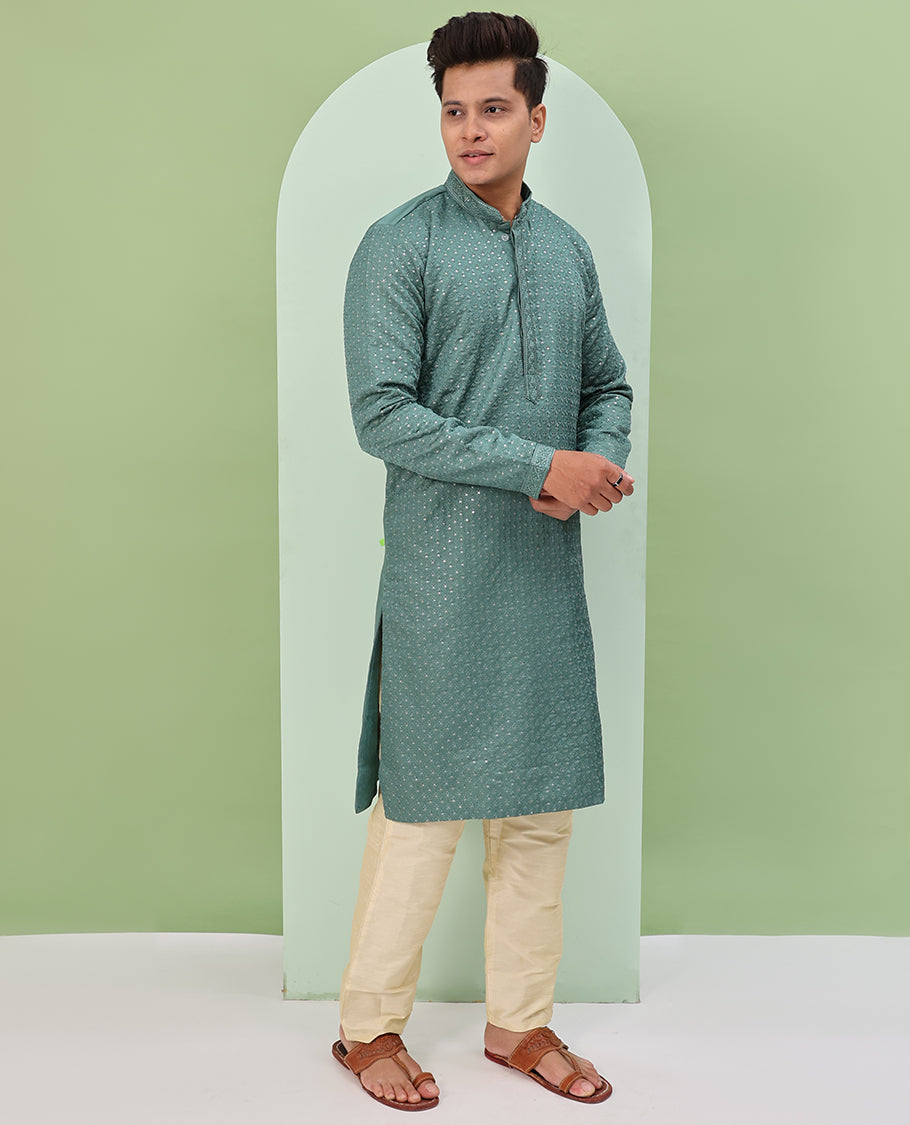 Pastel green sequins and thread embroidered full-sleeved readymade kurta