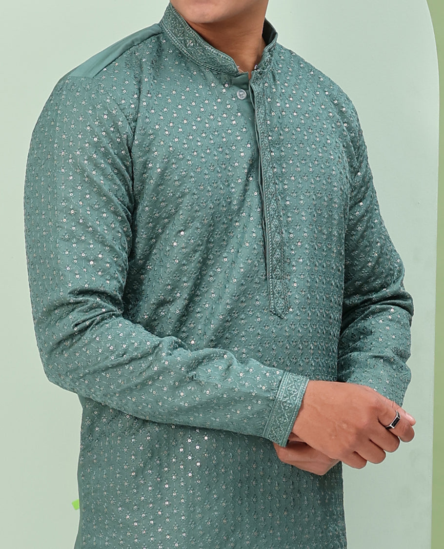 Pastel green sequins and thread embroidered full-sleeved readymade kurta