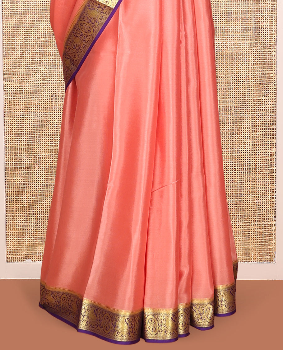 Pink Plain Mysore Silk Saree, Complemented by a Contrast Traditional Zari Border, Intricate Pallu, and a Contrast Blouse