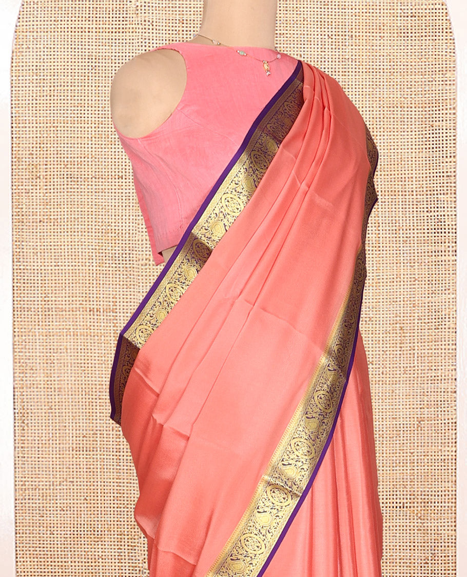 Pink Plain Mysore Silk Saree, Complemented by a Contrast Traditional Zari Border, Intricate Pallu, and a Contrast Blouse